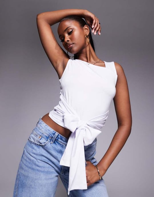 ASOS DESIGN brushed asymmetric neck short sleeve top with tie waist detail in white - Image 1