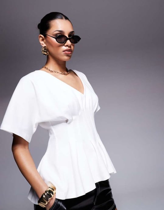 ASOS DESIGN interlock V neck tshirt with pleated waist in cream - Image 1