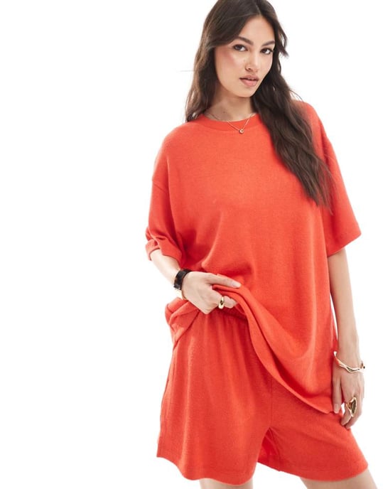 ASOS DESIGN textured knit oversized t-shirt in red - Image 1