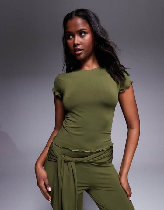 ASOS DESIGN co-ord slinky short sleeve top with lettuce edge in khaki - Image 1