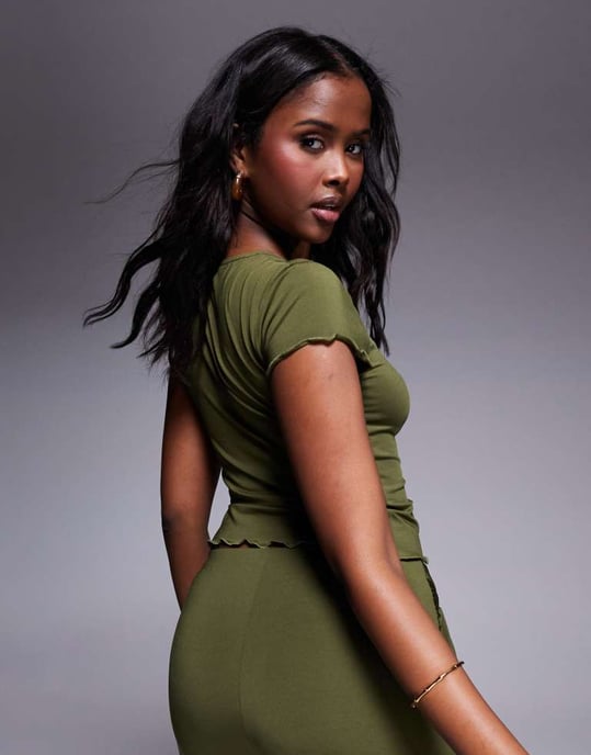 ASOS DESIGN co-ord slinky short sleeve top with lettuce edge in khaki - Image 2