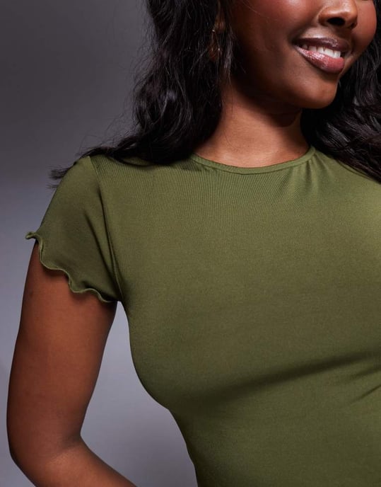 ASOS DESIGN co-ord slinky short sleeve top with lettuce edge in khaki - Image 3