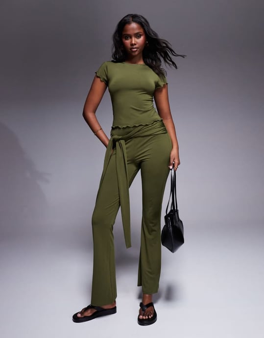 ASOS DESIGN co-ord slinky short sleeve top with lettuce edge in khaki - Image 4