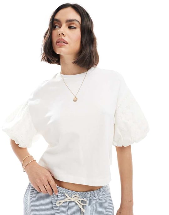 Miss Selfridge broderie puff sleeve t-shirt in white - Image 2