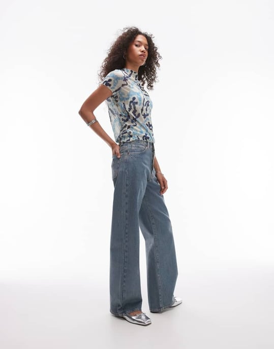 Topshop crinkle bow print tee in blue - Image 3