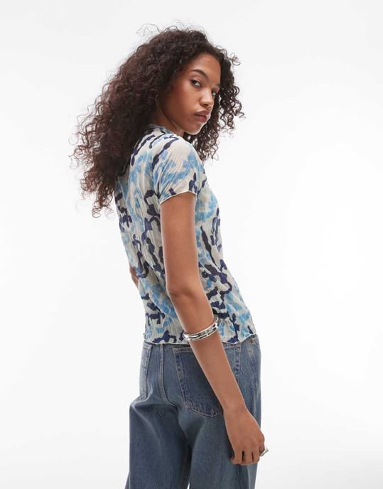 Topshop crinkle bow print tee in blue - Image 4