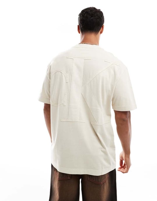 Calvin Klein Jeans large tonal applique logo backprint t-shirt in sand - Image 2
