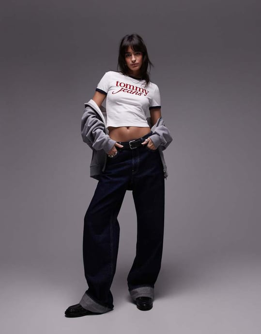Tommy Jeans script ringer t-shirt in off white and navy - Image 2
