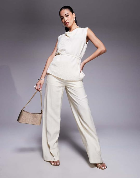 ASOS DESIGN tailored draped sleeveless cowl neck linen look top co-ord in buttermilk - Image 2