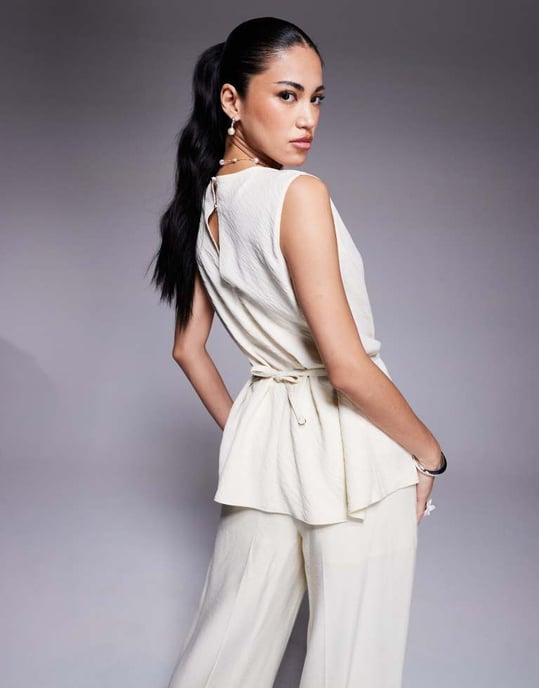 ASOS DESIGN tailored draped sleeveless cowl neck linen look top co-ord in buttermilk - Image 3