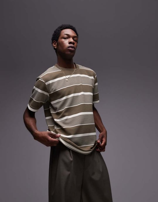 Topman premium relaxed fit stripe t-shirt in khaki - Image 1