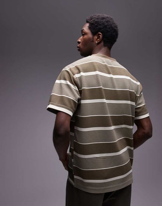 Topman premium relaxed fit stripe t-shirt in khaki - Image 4