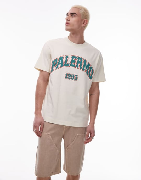 Topman relaxed fit t-shirt with Palermo print in ecru - Image 1