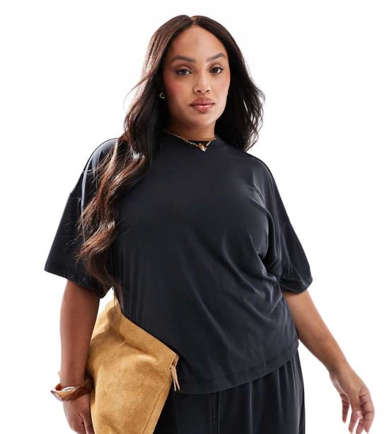 Pieces Curve slinky super soft boxy t-shirt co-ord in black - Image 1