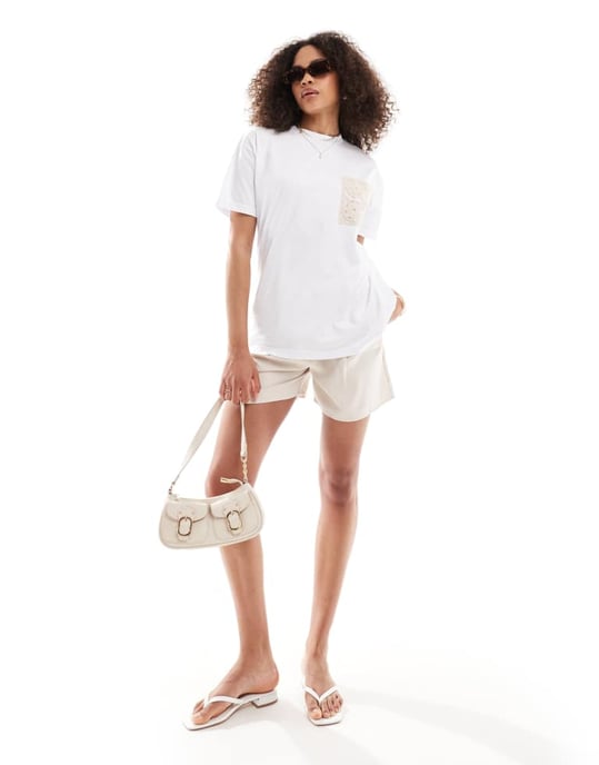 In The Style x Perrie Sian crochet pocket detail t-shirt in white - Image 2