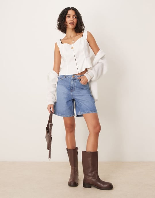 Nobody's Child Brixton longline denim shorts in mid wash - Image 1