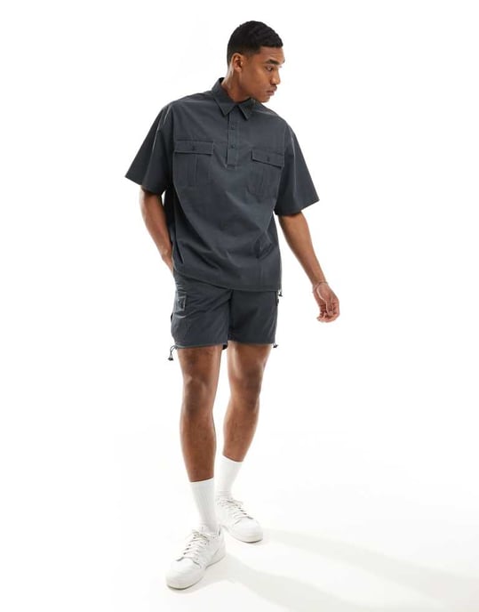 ASOS DESIGN Koord slim ripstop cargo shorts i tvättad svart - Image 3