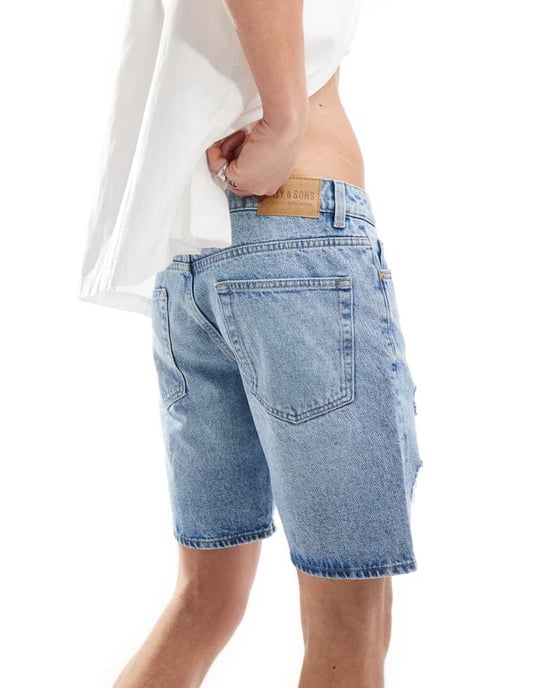 ONLY & SONS lös passform denimshorts med slitningar i ljus tvättad blå - Image 3