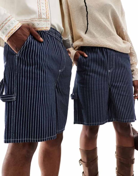COLLUSION unisex pull on shorts in blue ticking stripe - Image 2