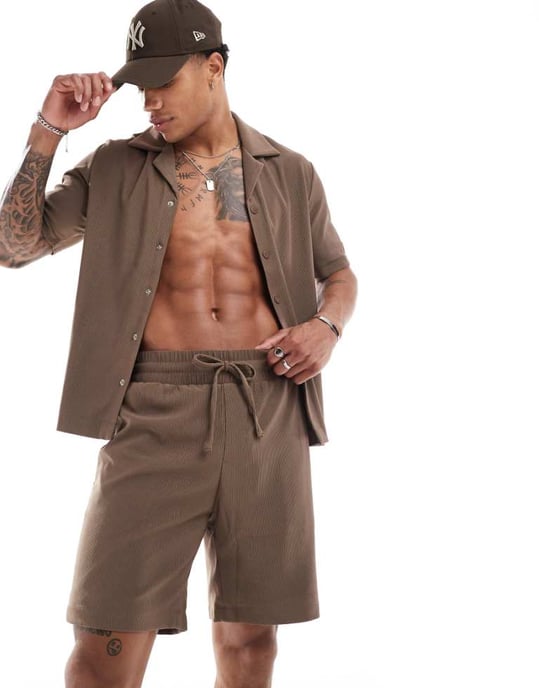 The Couture Club co-ord ribbad texturerad kortärmad skjorta i brun - Image 1