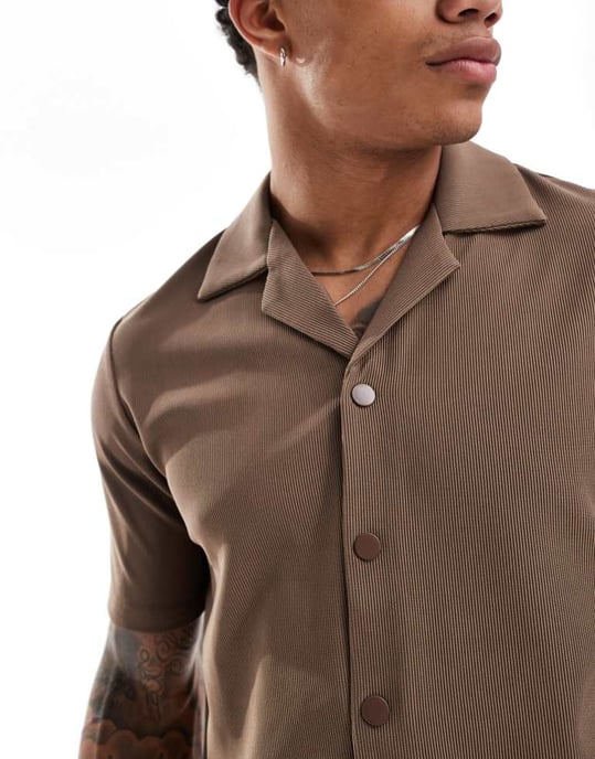 The Couture Club co-ord ribbad texturerad kortärmad skjorta i brun - Image 2