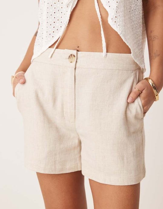 ASOS DESIGN Petite relaxed dad shorts with linen in stone - Image 2