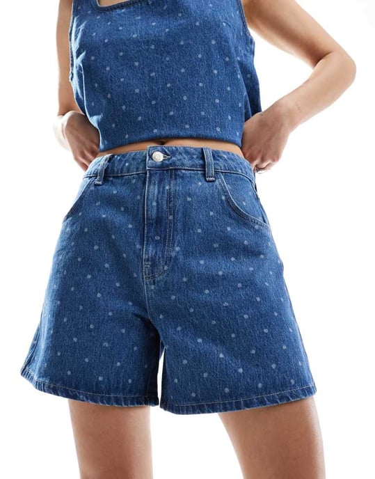 ASOS DESIGN denim dad short in polka dot print in mid blue - Image 3
