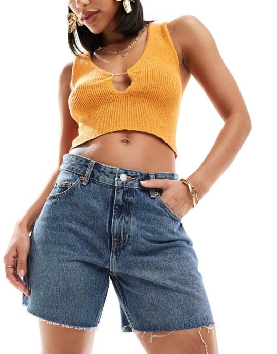 Dr Denim Rose relaxed fit denim shorts in canyon mid used raw hem wash - Image 1