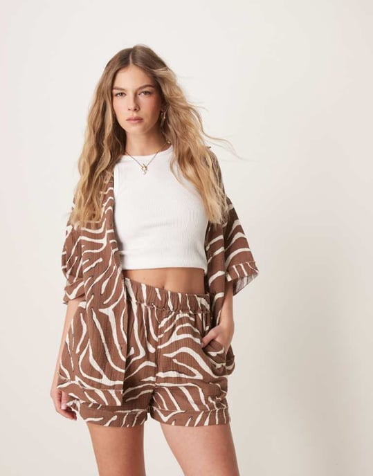 ASOS DESIGN cheesecloth pull on shorts with raw edge detail co-ord in zebra print - Image 1
