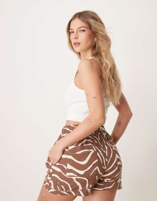 ASOS DESIGN cheesecloth pull on shorts with raw edge detail co-ord in zebra print - Image 4
