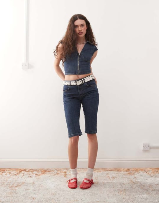 COLLUSION X000 low rise capri jean co-ord in mid blue - Image 1