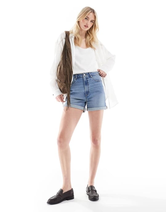 ASOS DESIGN Tall denim comfort mom short in mid blue - Image 2