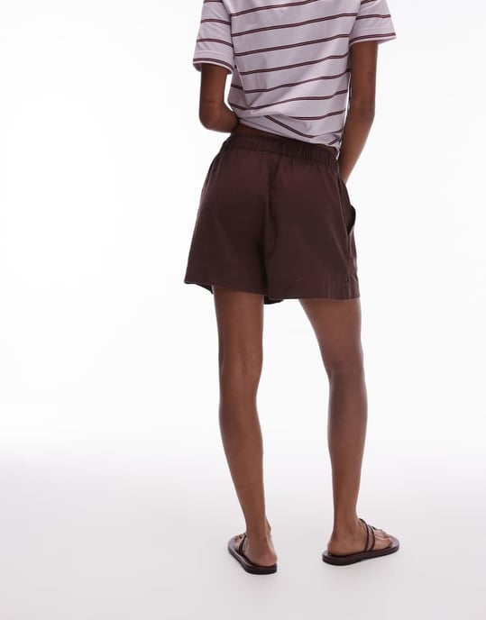 Topshop high rise drawcord linen shorts in chocolate - Image 3