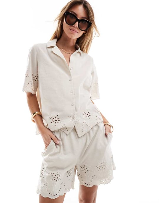 Pieces broderie shorts co-ord in cream - Image 2