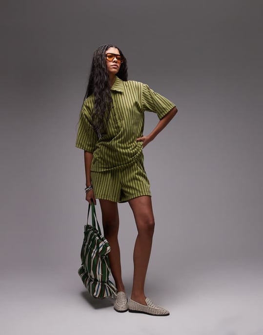 Topshop stripe towelling shorts co-ord in green - Image 1