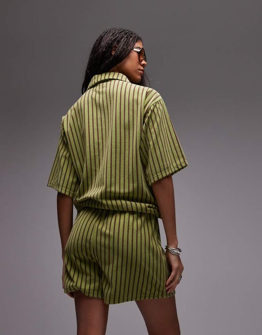 Topshop stripe towelling shorts co-ord in green - Image 3