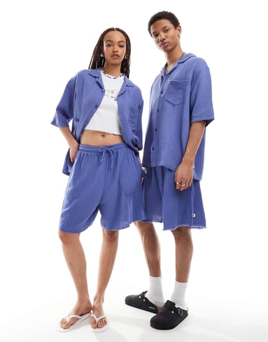 COLLUSION Unisex texturerad lång kortkoordinat i lavendelblå - Image 1