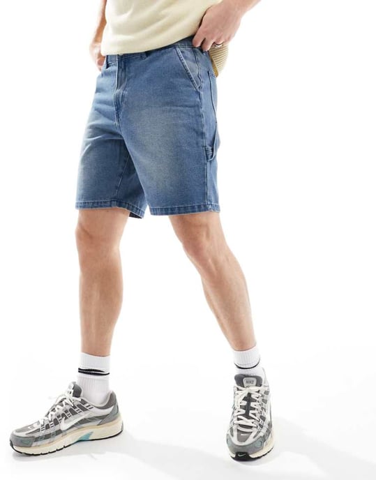 ADPT löst sittande denim cargo shorts i medtvätt - Image 1