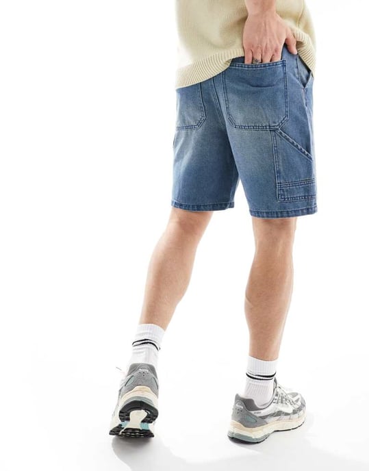 ADPT löst sittande denim cargo shorts i medtvätt - Image 3