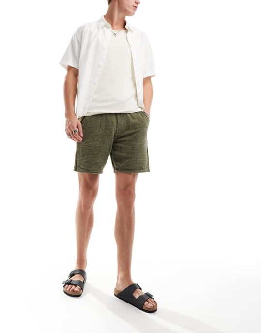 ONLY & SONS slip-on strukturerad shorts i tvättad khaki - Image 3