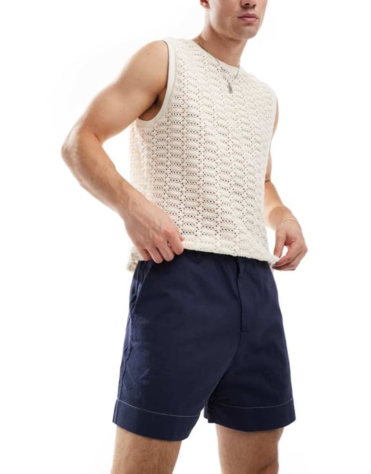 ASOS DESIGN linne-look shorts i marinblått med kontrasterande kant - Image 1