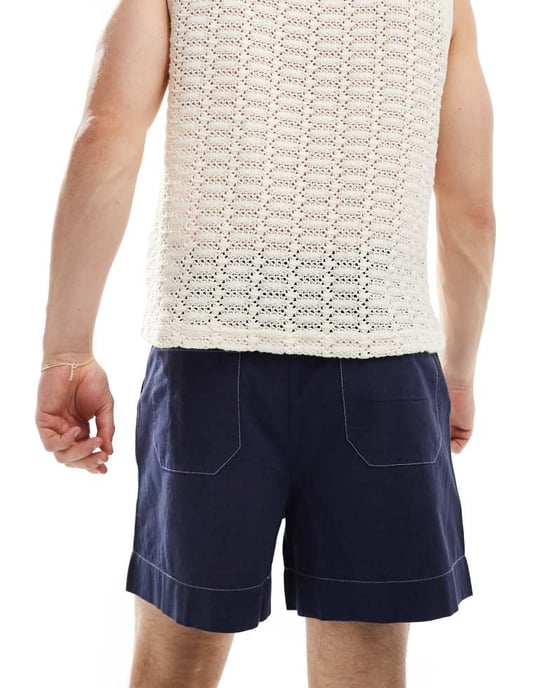 ASOS DESIGN linne-look shorts i marinblått med kontrasterande kant - Image 3