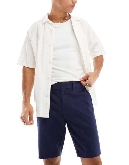 ASOS DESIGN smart slim fit linneblandning shorts i marinblå - Image 1