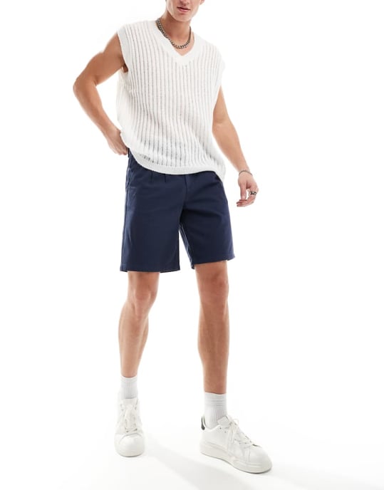 ASOS DESIGN dubbelpressad chinoshorts i marinblå - Image 2