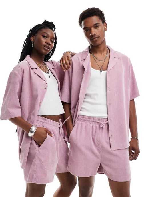 Återvunnen vintage unisex kordshorts i rosa co-rd - Image 3