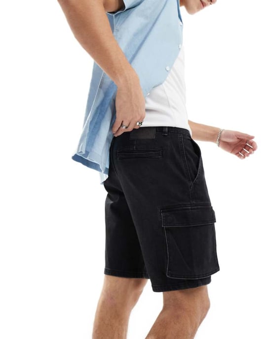 ONLY & SONS slim fit denim cargoshorts i tvättad svart - Image 1