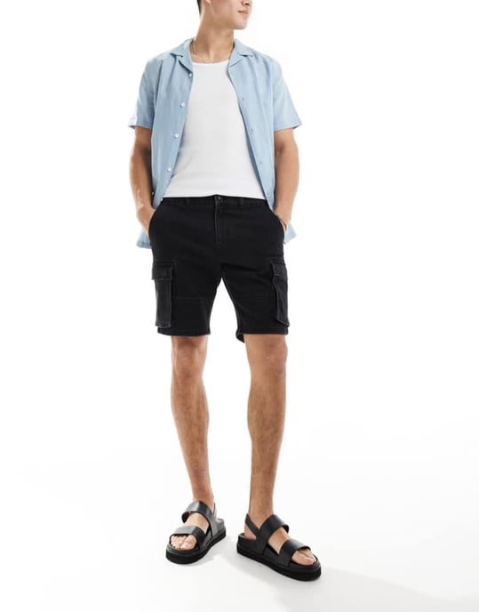 ONLY & SONS slim fit denim cargoshorts i tvättad svart - Image 2