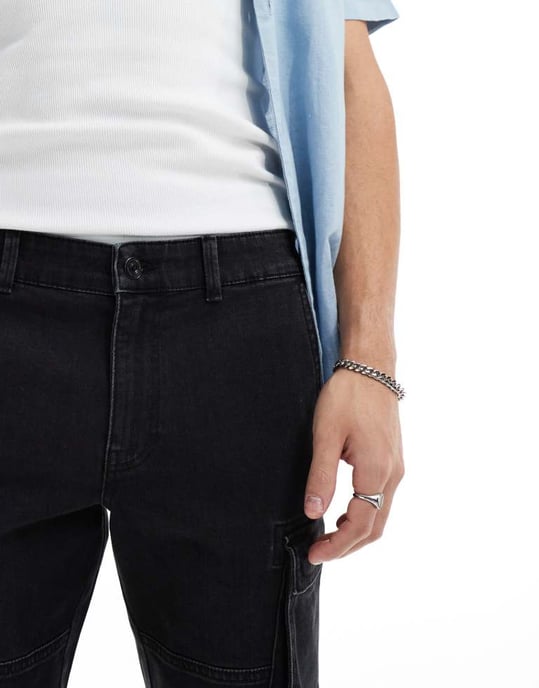 ONLY & SONS slim fit denim cargoshorts i tvättad svart - Image 3