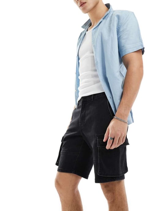 ONLY & SONS slim fit denim cargoshorts i tvättad svart - Image 4