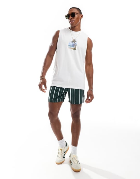 Hollister 5-tum randiga badshorts i mörkgrön - Image 2